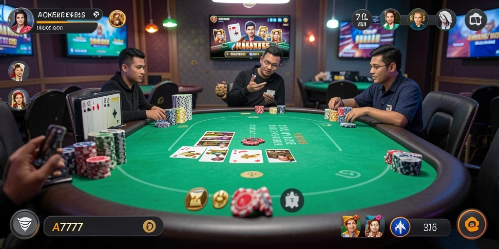 Tampilan gameplay Poker yang mendebarkan di A7777.