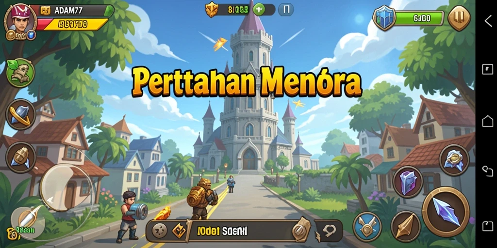 Tangkapan layar gameplay ADAM77 yang menunjukkan pertahanan menara yang megah.