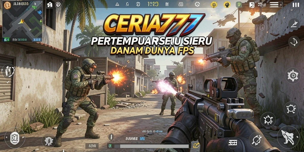 Screenshot dari pertempuran intens di CERIA777, menampilkan gameplay FPS yang mendebarkan.