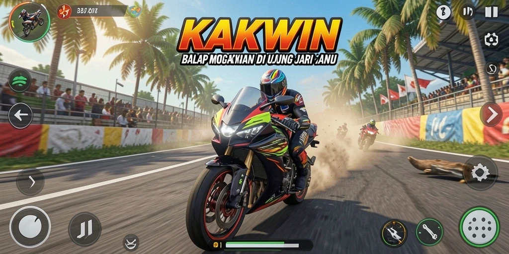 Tampilan gameplay menegangkan dalam KAKWIN saat balapan motor.