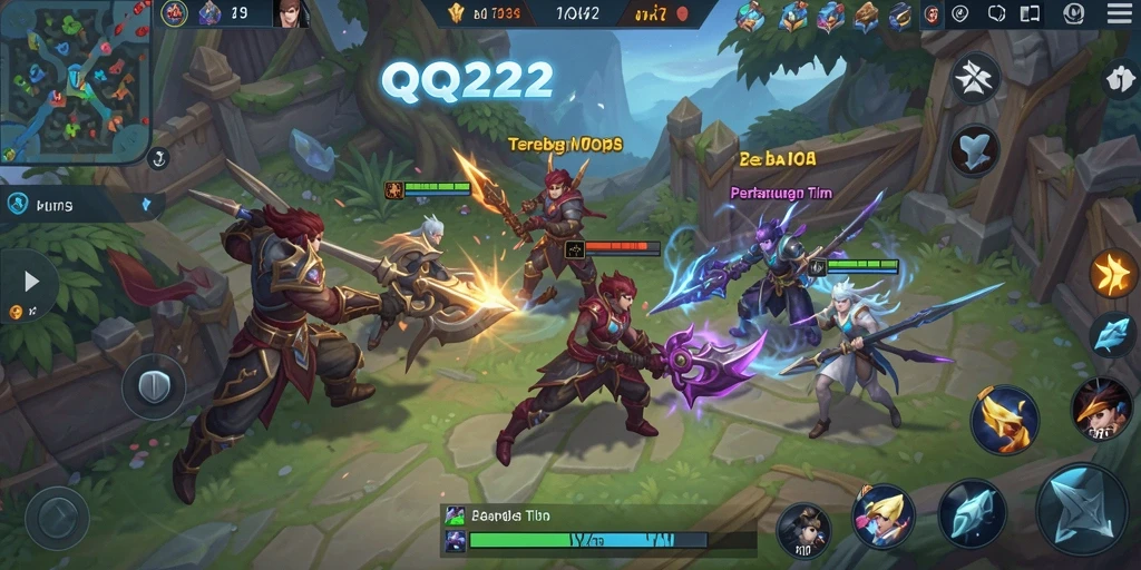 Screenshot gameplay QQ222 yang intens dan menegangkan di arena pertempuran.
